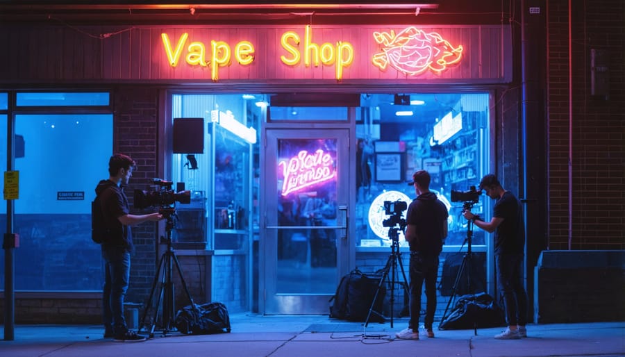 Film crew capturing footage of an illuminated vape shop at night in Toronto