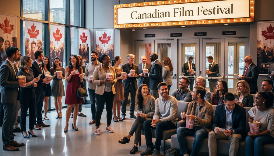Diverse audience watching outdoor film screening at Canadian festival during evening