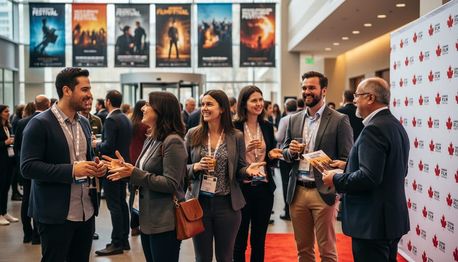 Diverse filmmakers networking and conversing at Canadian film festival event