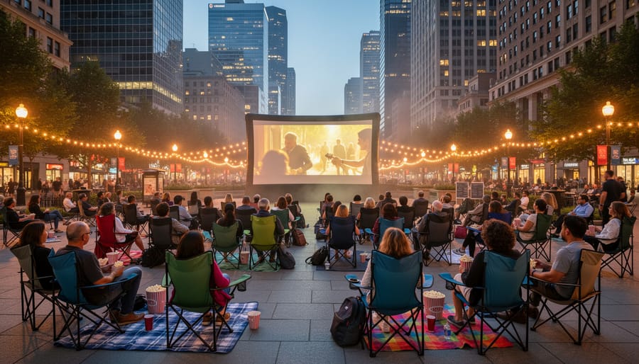 People seated at an outdoor film screening with a projection screen and a filmmaker standing in a city plaza