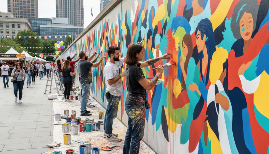 Artists painting a large mural on a brick wall at night while a crowd gathers in the background