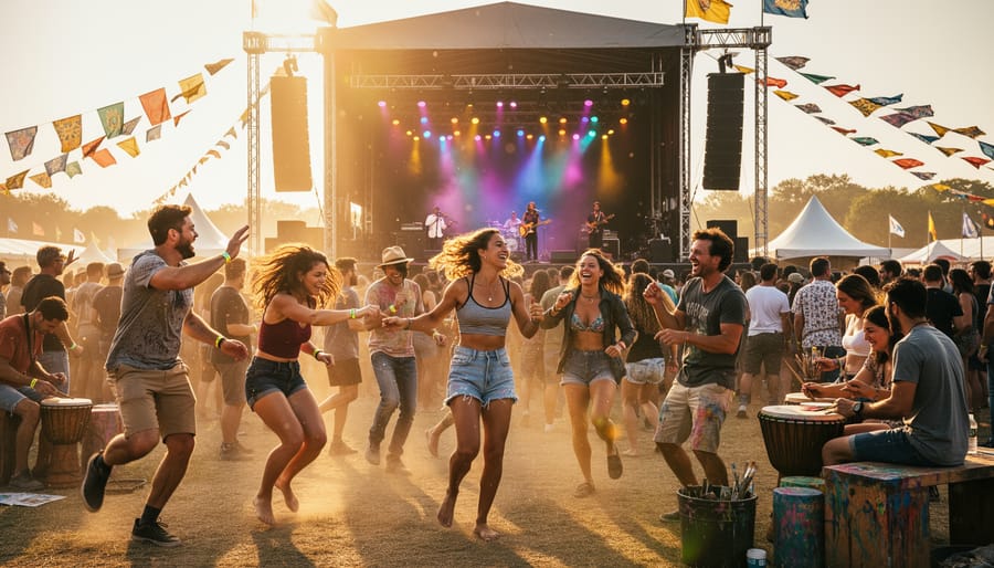 Dancers performing on a stage with colorful overhead lights and an audience blurred in the background