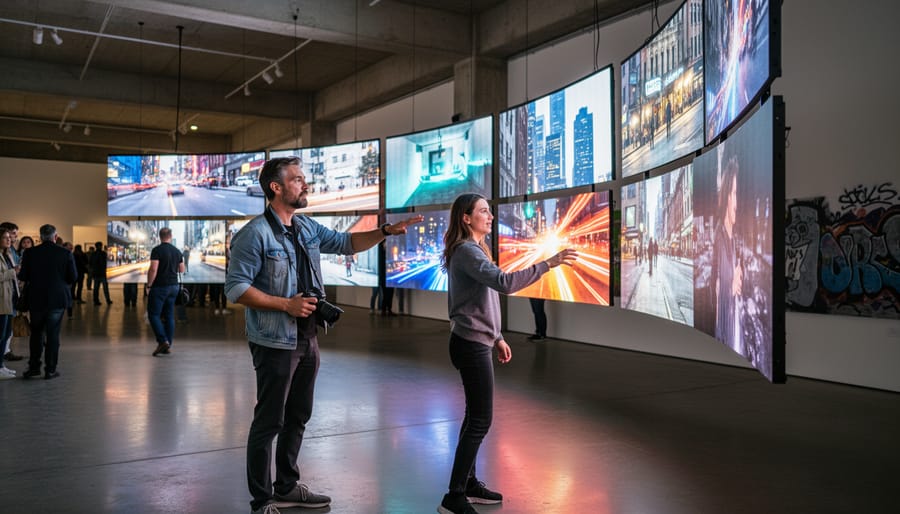 A filmmaker showing an attendee an immersive VR or interactive media experience at a pop-up media booth