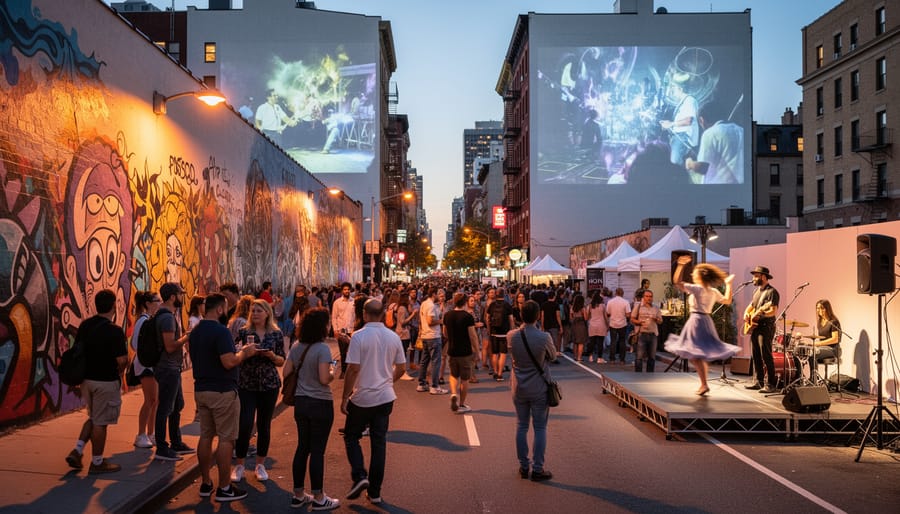 Nighttime outdoor urban arts expo scene with a mural wall, a street performer, and projected light on the pavement with visitors nearby