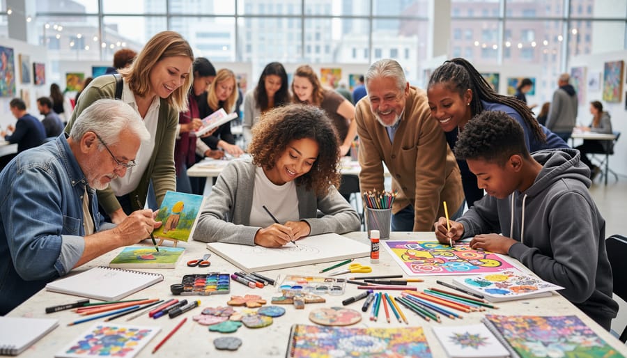 People collaborating at an outdoor community art table applying pigments to a shared mural surface