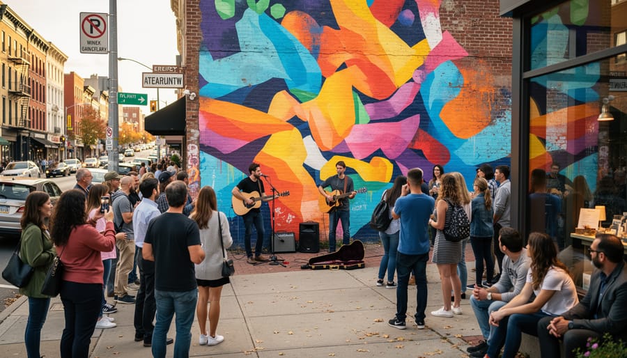 People gathering at a downtown urban arts festival with street music and a mural wall in the background