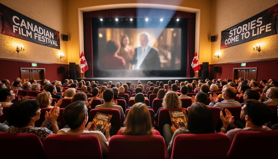 People seated in a theater during a Canadian film festival under warm lights and a glowing screen.