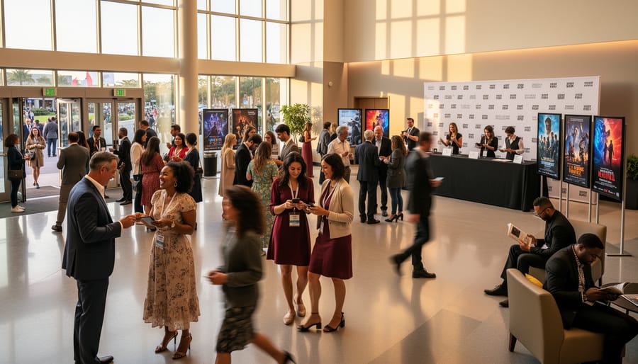 Filmmakers walking through a theater lobby with a red-carpet walkway toward illuminated doors during a film festival.
