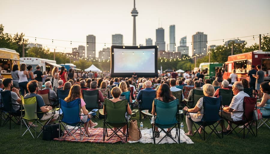 People gathered outdoors at dusk watching a large movie projection together.