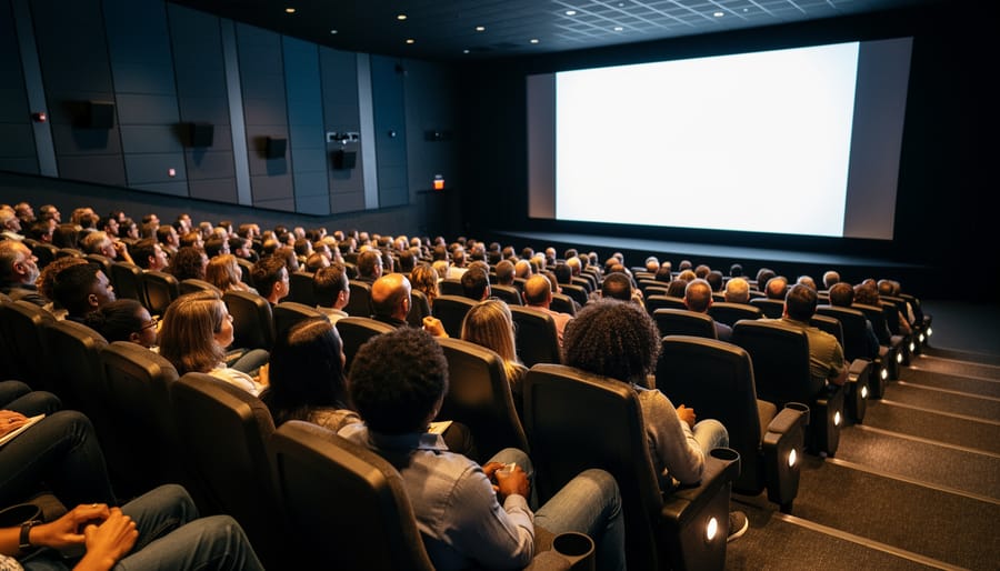 Audience members seated in a Toronto cinema, looking toward a glowing movie screen.